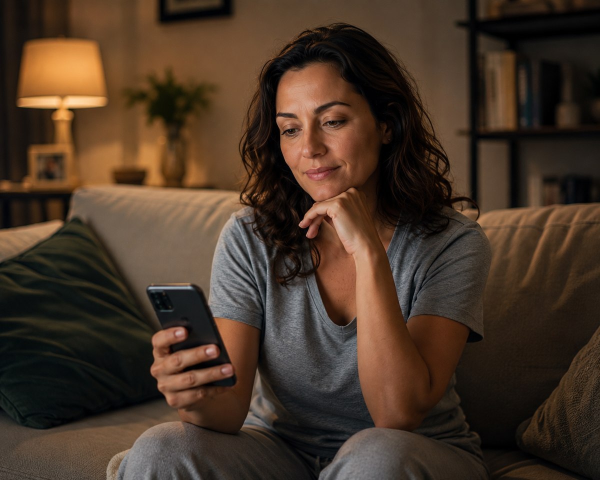 Donna seduta sul divano di casa, la sera, mentre scrive da smartphone
