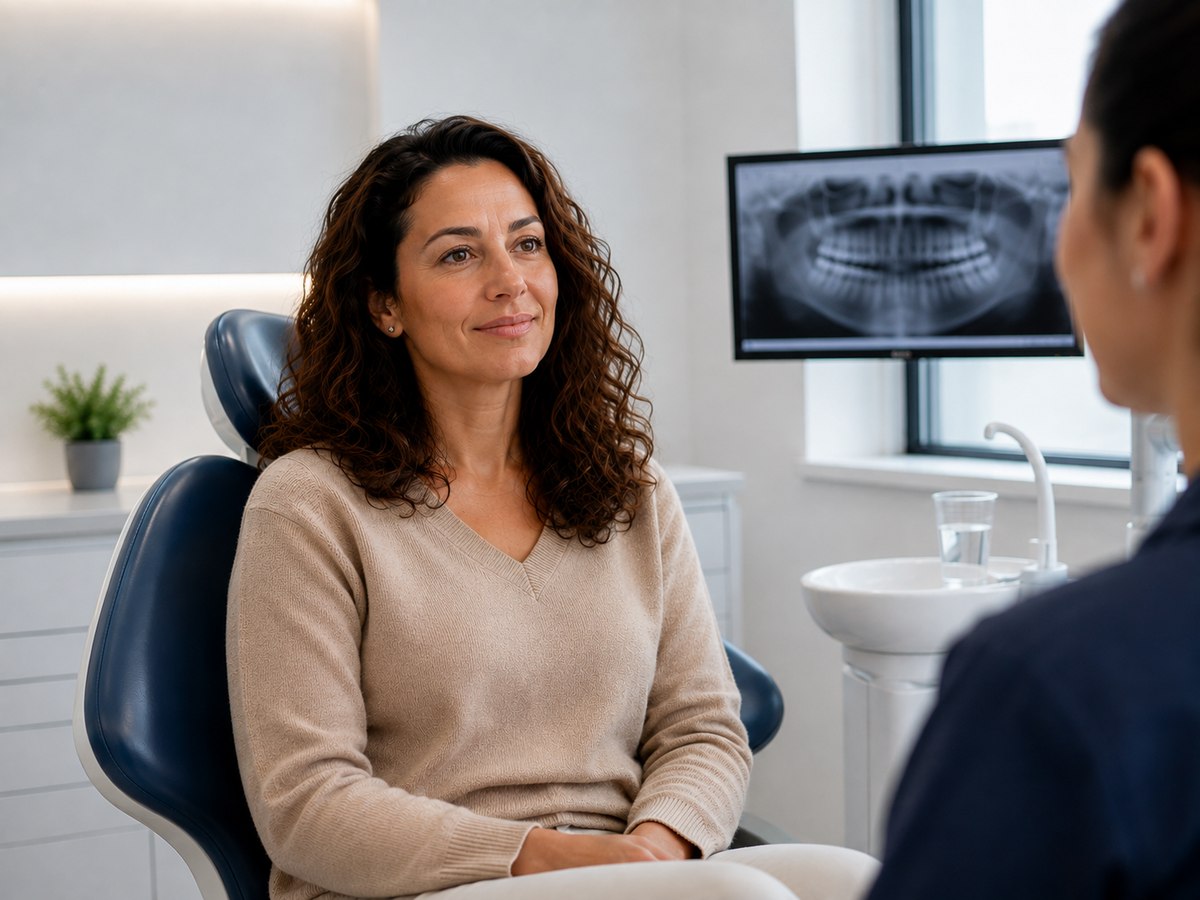 Donna seduta in poltrona odontoiatrica durante una visita in clinica