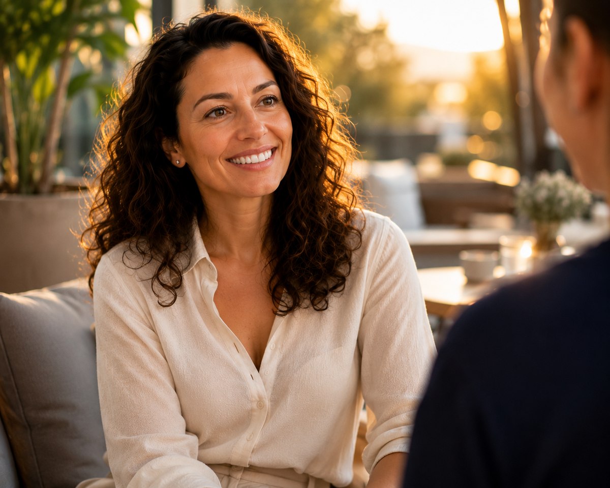 Donna sorridente all'aperto al tramonto, sorriso finale rivelato