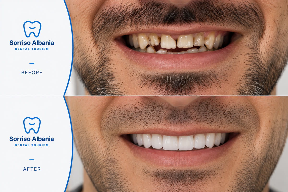 Prima e dopo: faccette dentali con chiusura del diastema, primo piano